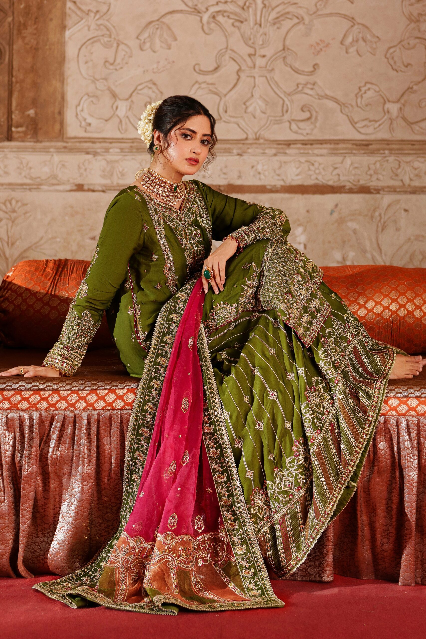 elegant olive green pakistani wedding dress with embroidery elegant olive green pakistani wedding dress with embroidery